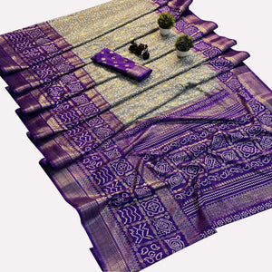 Grey & Purple Dola Silk Saree Featuring Traditional Bandhani Print & Woven Border