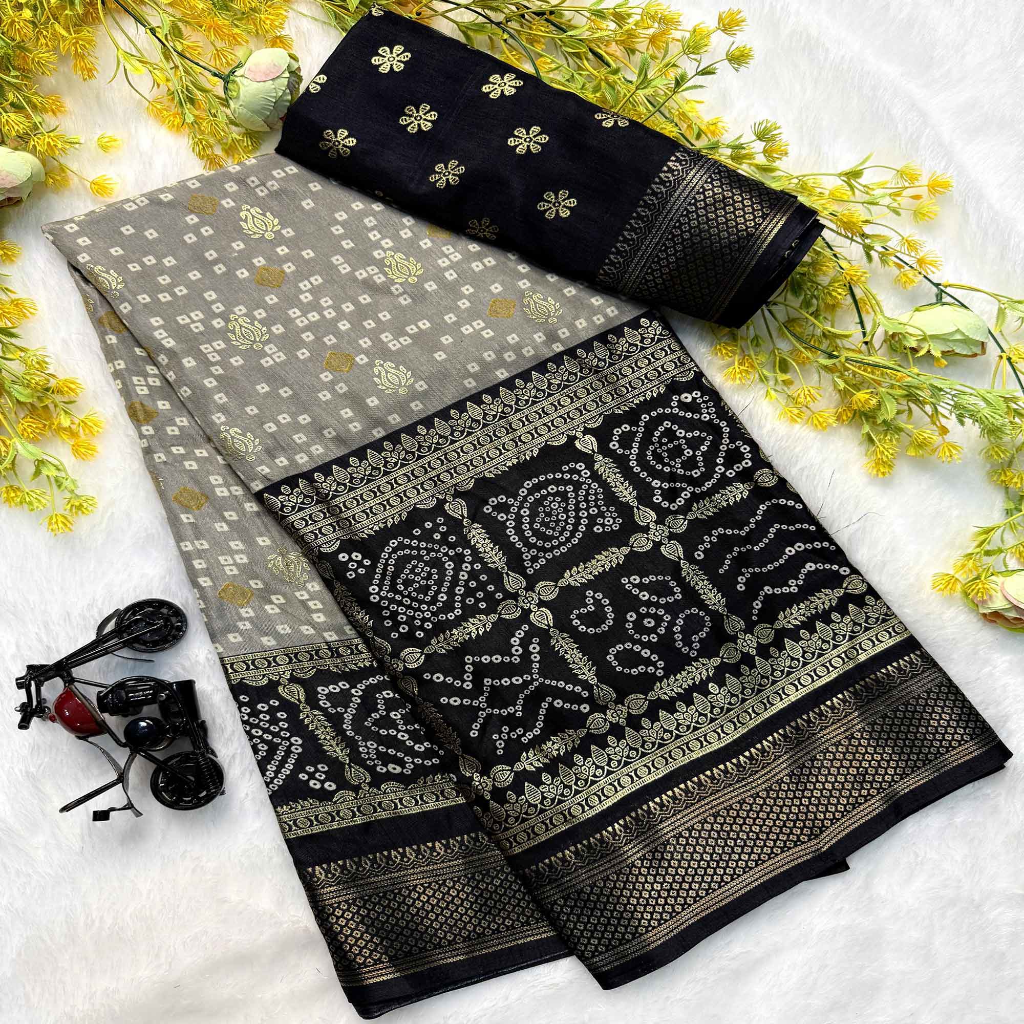 Grey & Black Dola Silk Saree Featuring Traditional Bandhani Print & Woven Border