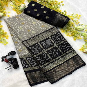 Grey & Black Dola Silk Saree Featuring Traditional Bandhani Print & Woven Border
