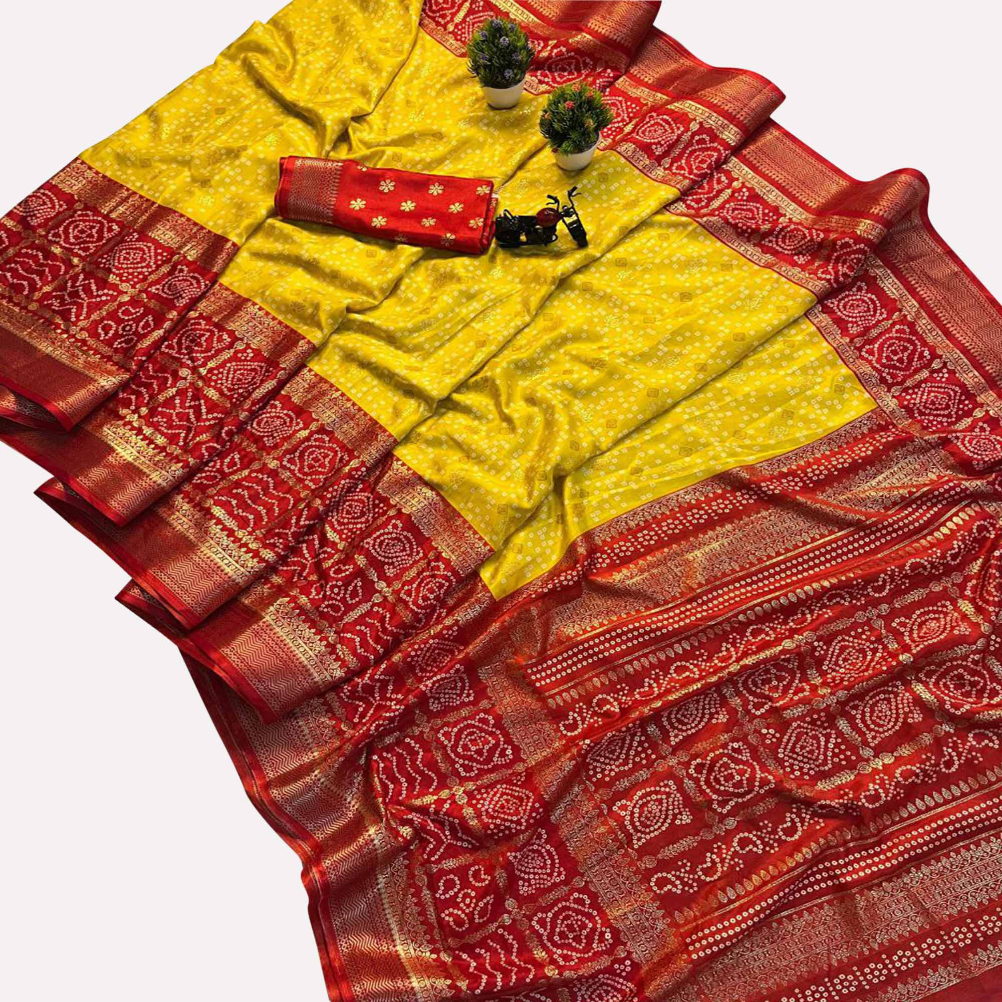 Yellow & Red Dola Silk Saree Featuring Traditional Bandhani Print & Woven Border