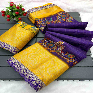 Purple Dola Silk Saree Featuring Soft Printed Detailing and a Rich Sequins Border Highlight