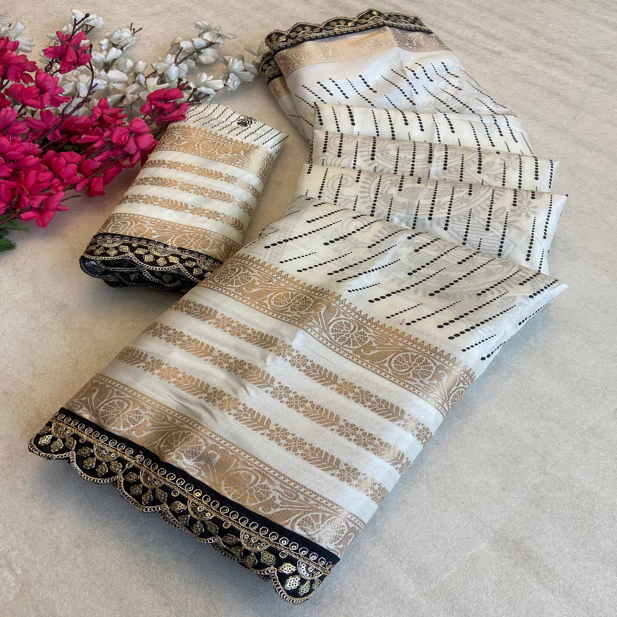 White Printed Dola Silk Saree With Sequins Border