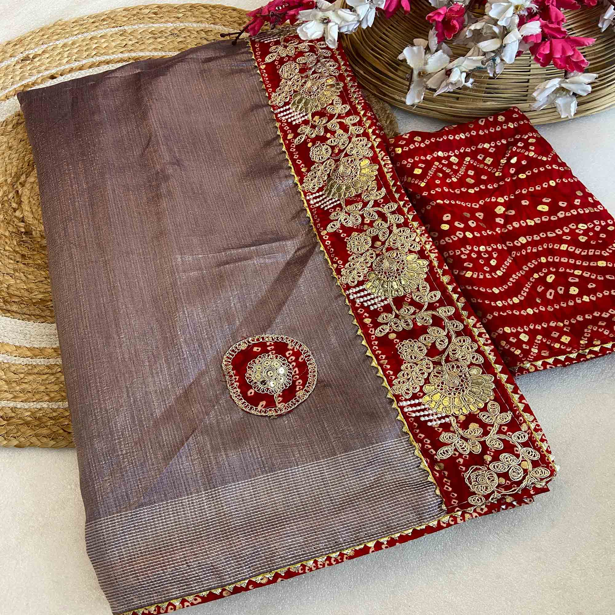 Lavender Cording Sequins Embroidery With Bandhani Print Art Silk Saree