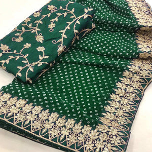 Green Bandhani Printed With Embroidered Border Georgette Saree