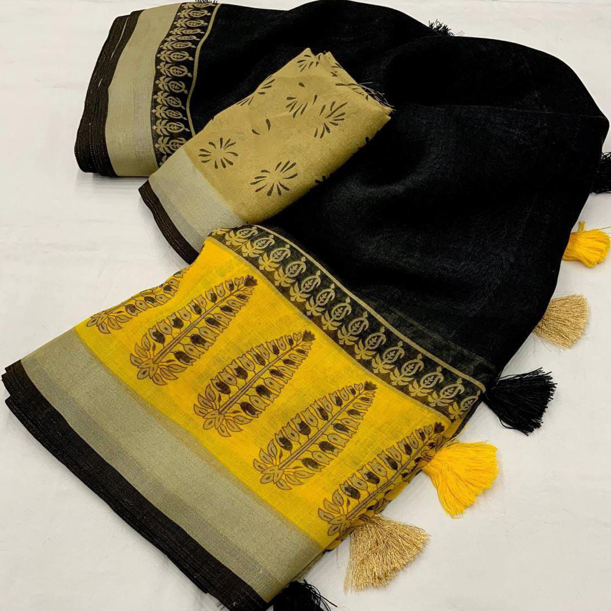 Black & Yellow Floral Printed Linen Cotton Saree