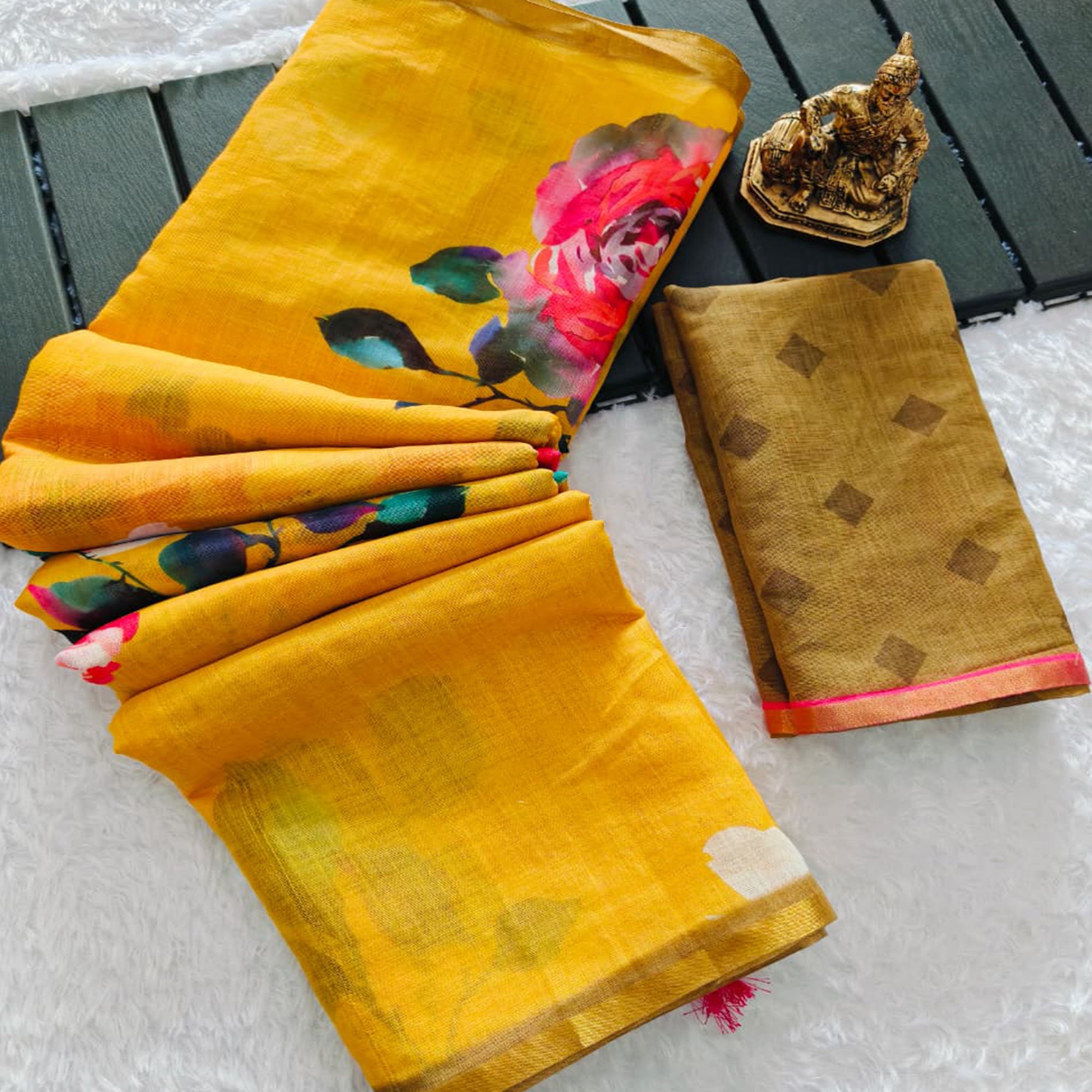 Mustard Linen Cotton Saree Adorned with Vibrant Geometric Prints and Breezy Texture