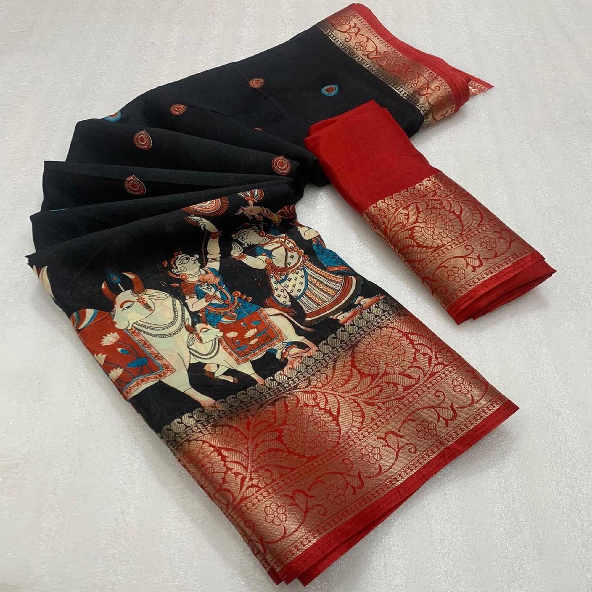 Elegant Black Printed Dola Silk Saree Accented With A Floral Woven Border