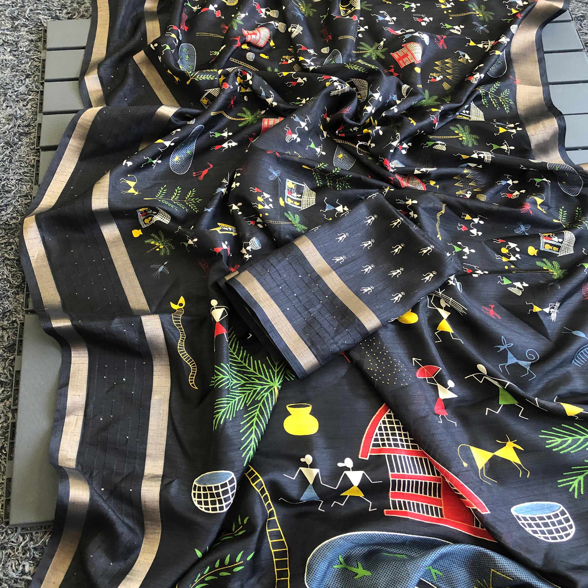 Black Warli Printed Dola Silk Saree