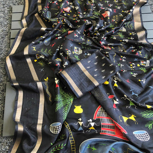 Black Warli Printed Dola Silk Saree
