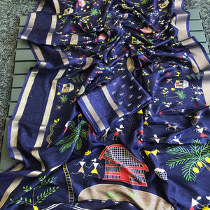 Navy Blue Warli Printed Dola Silk Saree