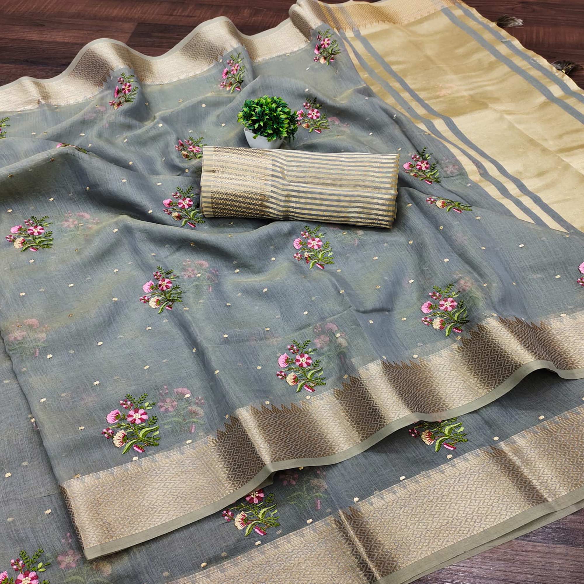 Grey Floral Embroidered Cotton Silk Saree With Zari Border