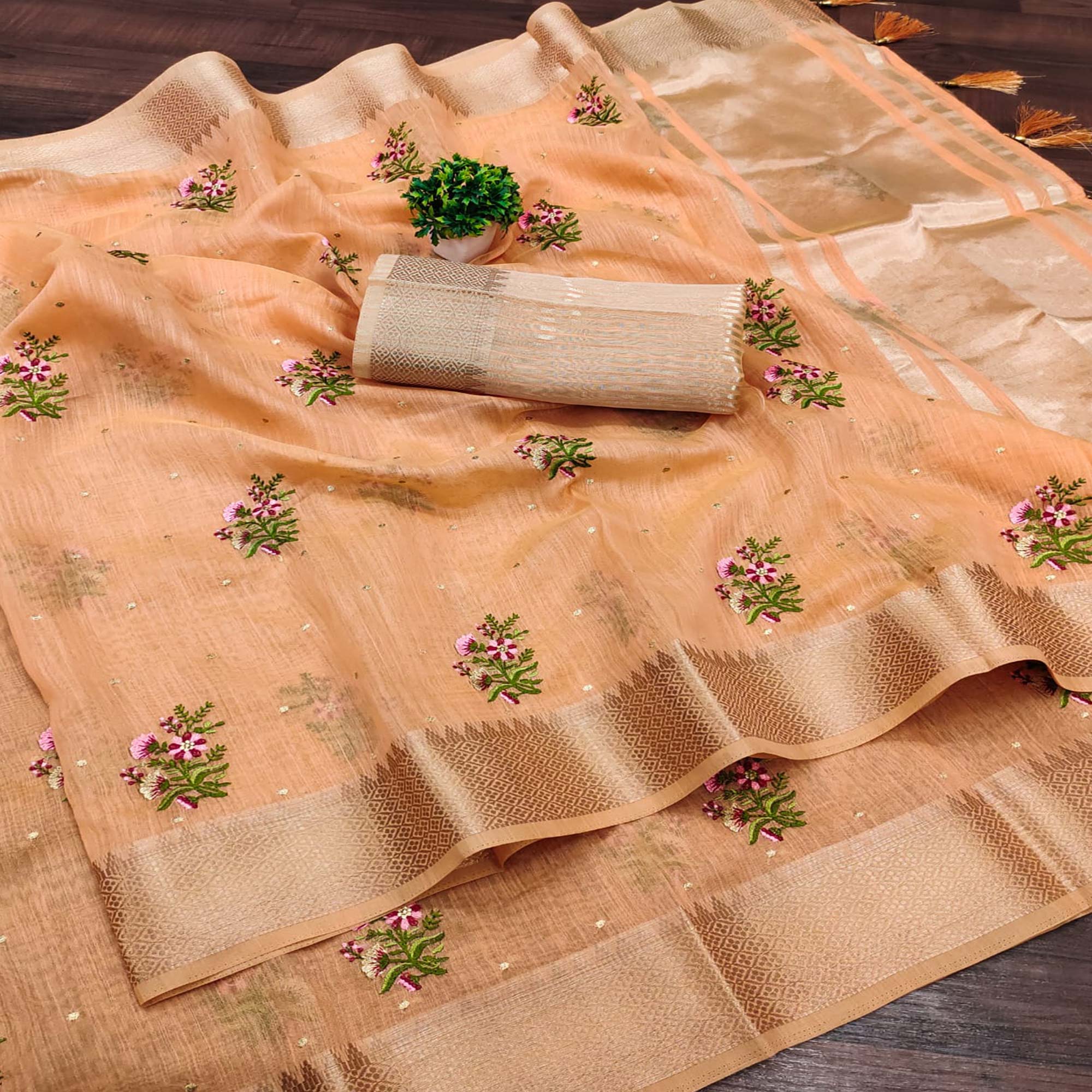Light Orange Floral Embroidered Cotton Silk Saree With Zari Border