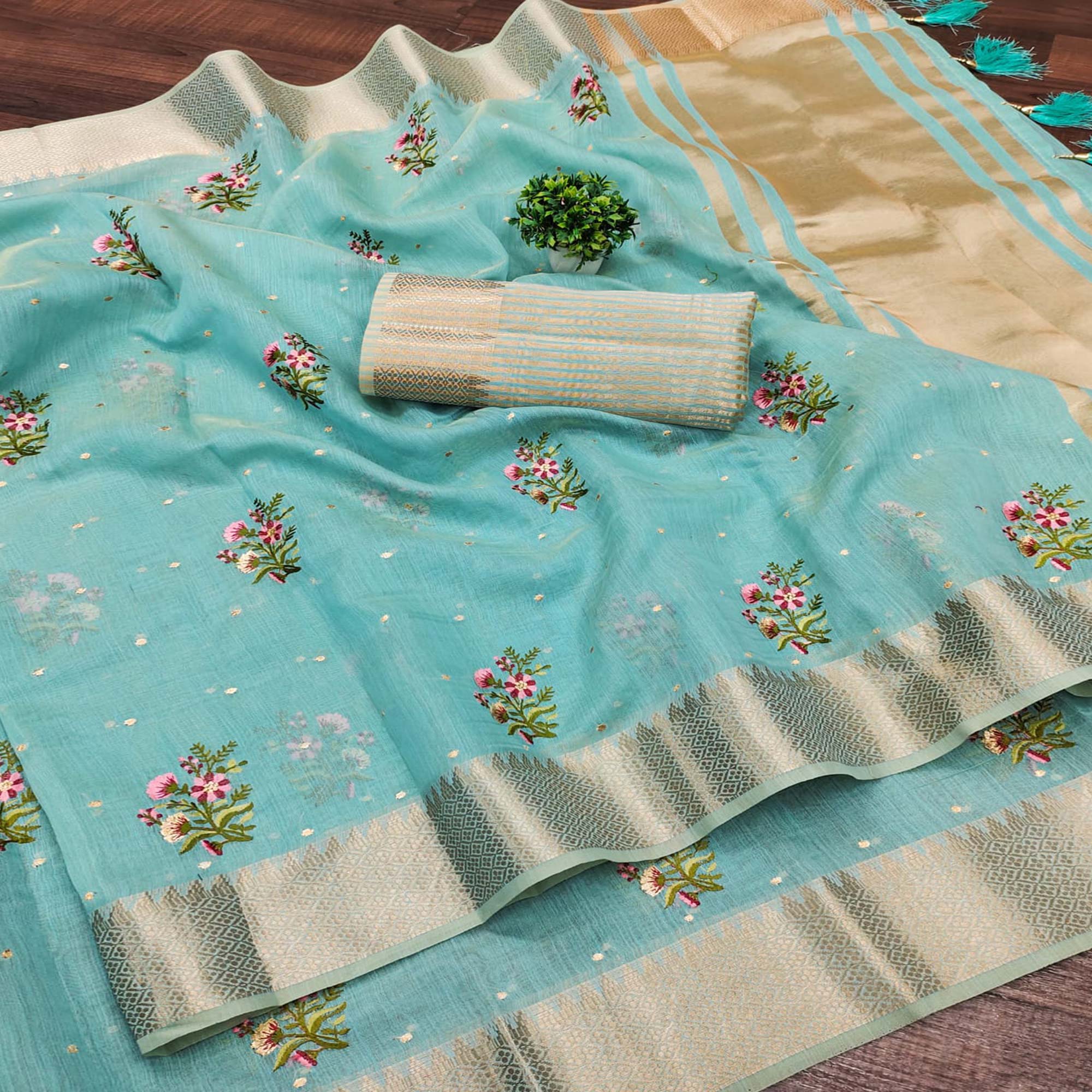 Sky Blue Floral Embroidered Cotton Silk Saree With Zari Border