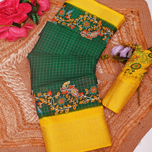 Sophisticated Green Checks & Peacock Design Saree Crafted In Dola Silk With Weaving Jacquard Border