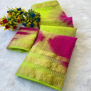 Classic Green & Pink Kerala Inspired Checked Weaving Organza Saree