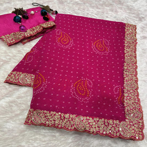 Pink Bandhani Printed Georgette Saree With Embroidered Border
