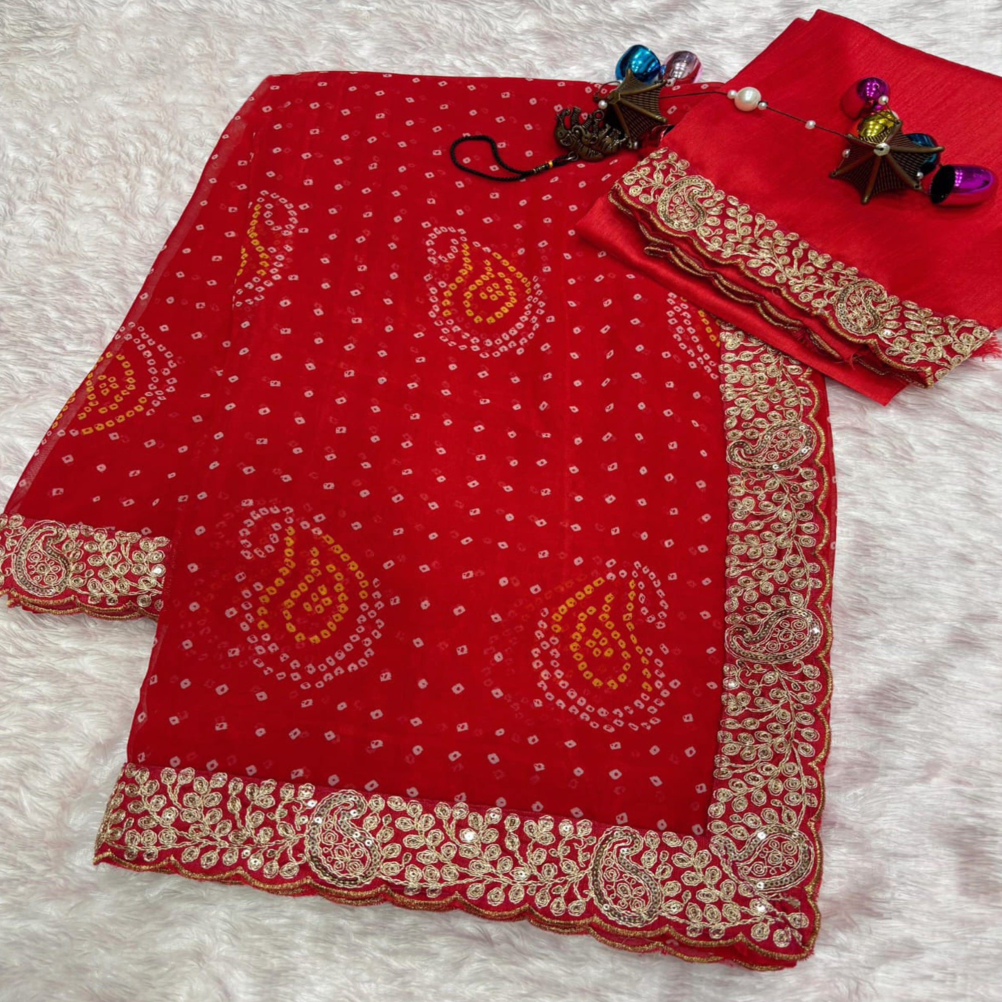 Red Bandhani Printed Georgette Saree With Embroidered Border