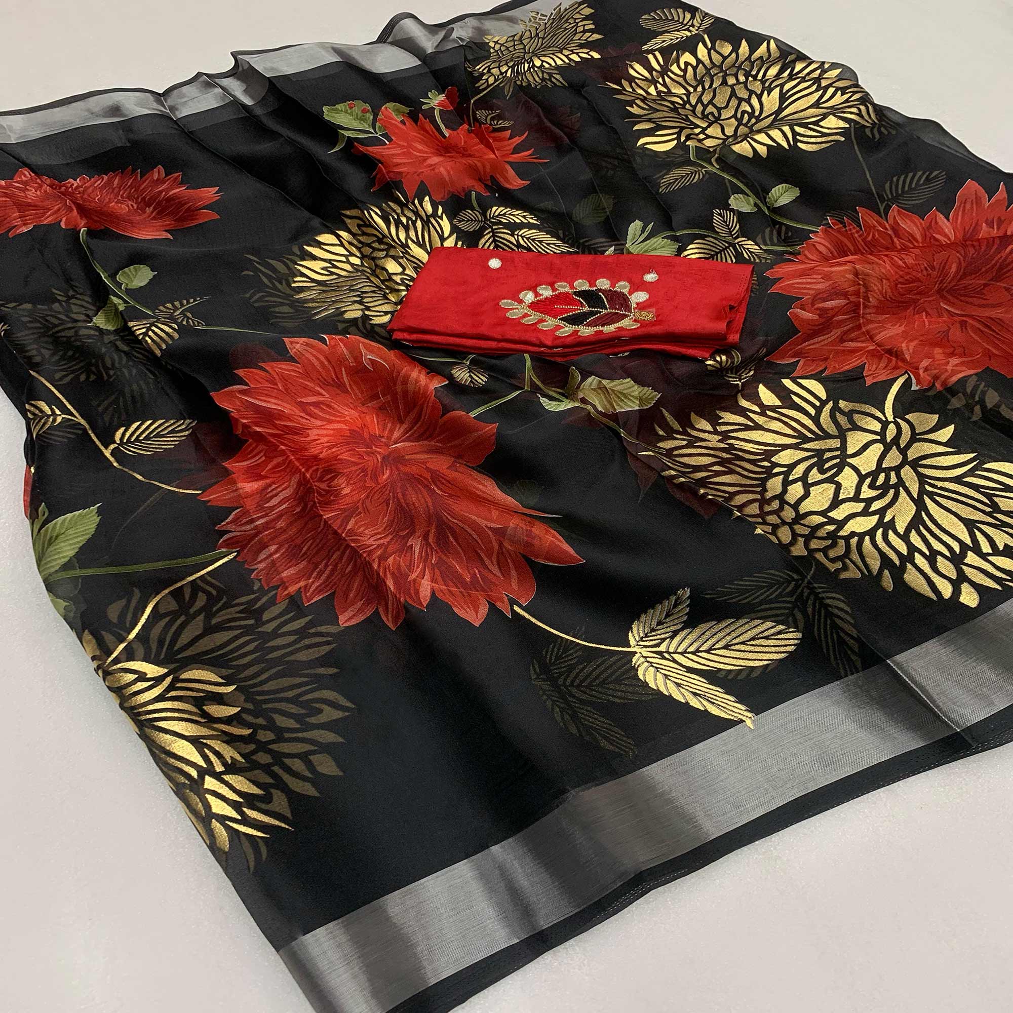 Black Floral Foil Printed Organza Saree