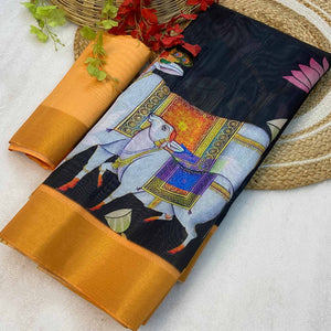 Black Floral Printed Tussar Silk Saree