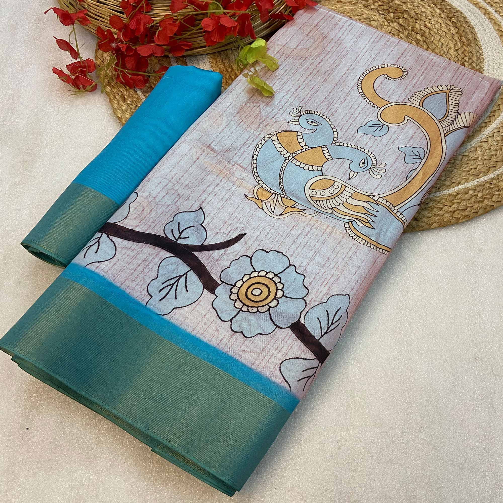 Sky Blue Floral Printed Tussar Silk Saree