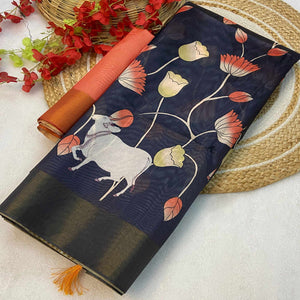 Navy Blue Floral Printed Tussar Silk Saree