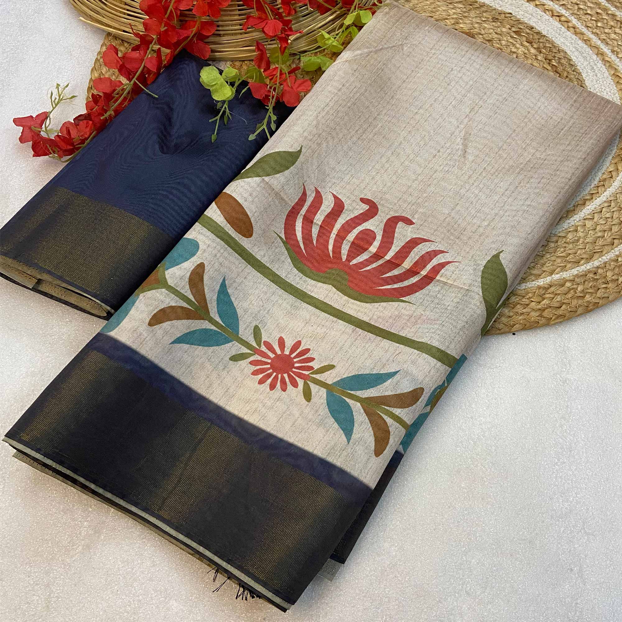 Off White Floral Printed Tussar Silk Saree