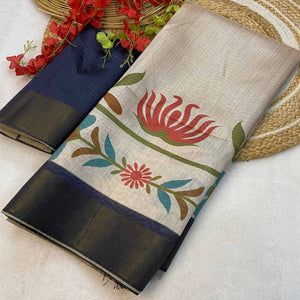 Off White Floral Printed Tussar Silk Saree