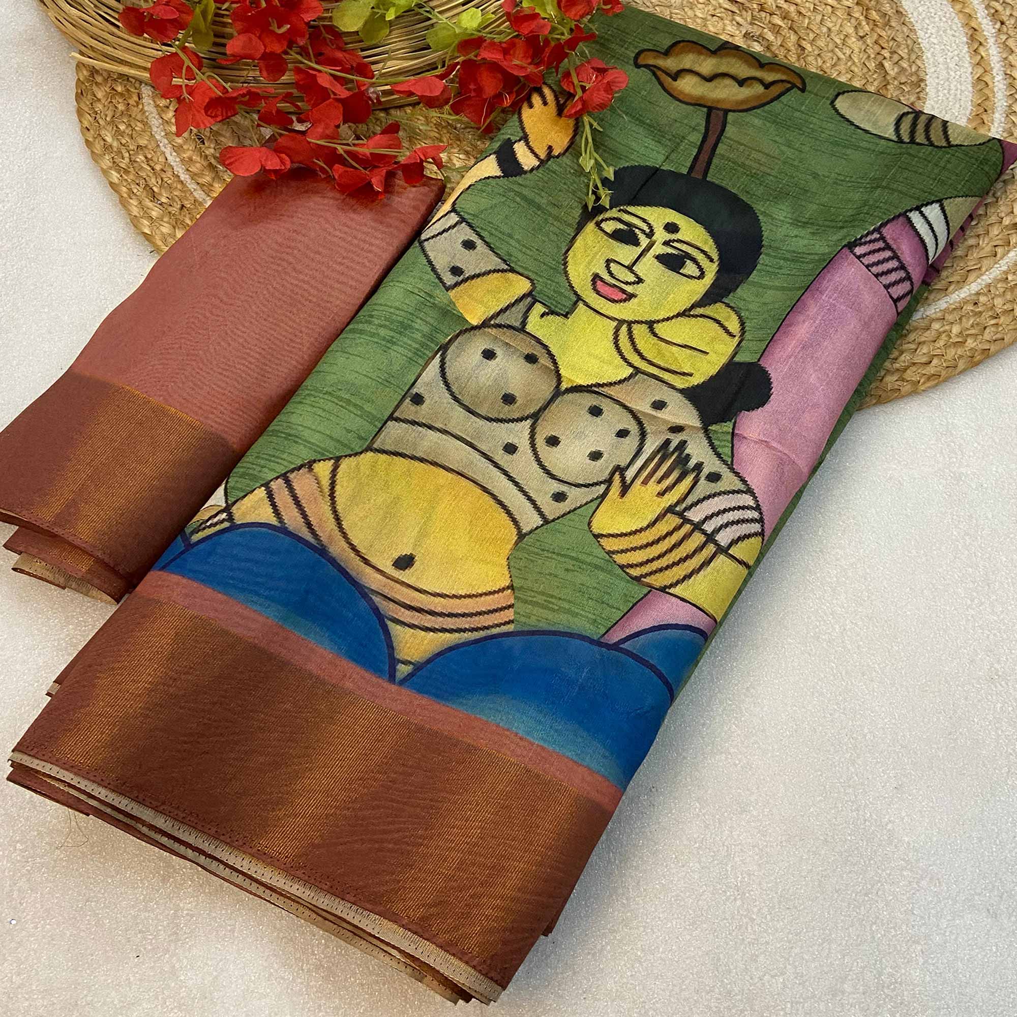 Green Floral Printed Tussar Silk Saree