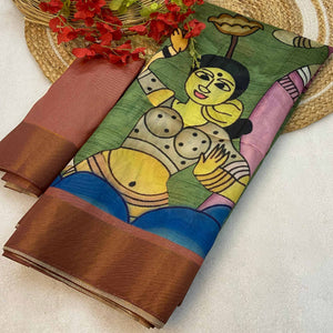 Green Floral Printed Tussar Silk Saree