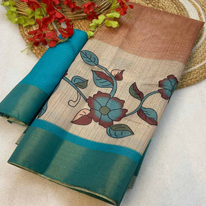 Peach Floral Printed Tussar Silk Saree
