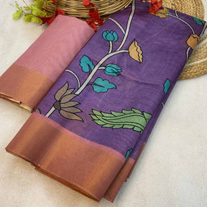 Purple Floral Printed Tussar Silk Saree