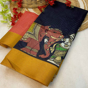 Black Floral Printed Tussar Silk Saree