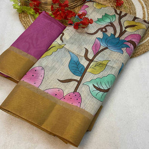 Off White Floral Printed Tussar Silk Saree