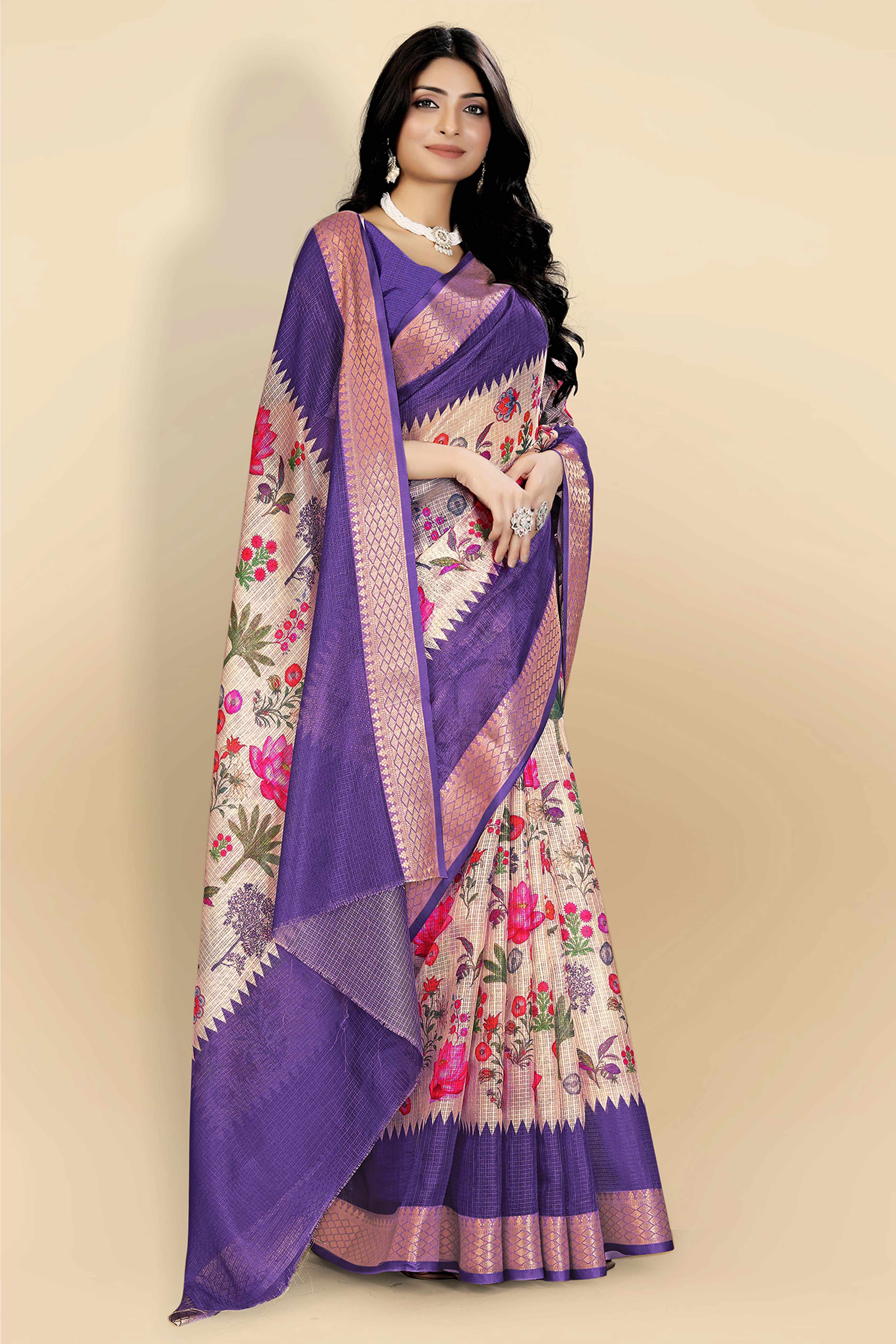 White Kota Doria Saree with Soft Floral Prints and Subtle Zari Border Finish