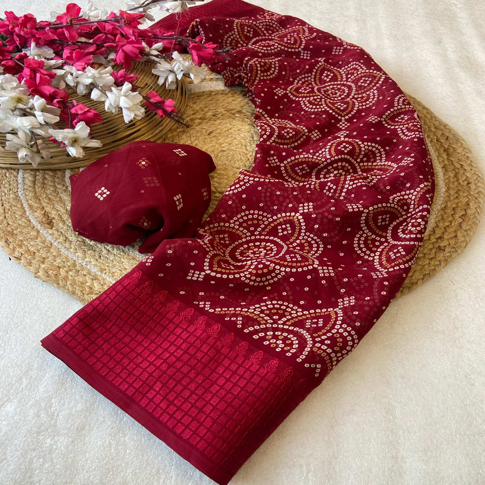 Maroon Bandhani Printed Georgette Saree With Viscose Border