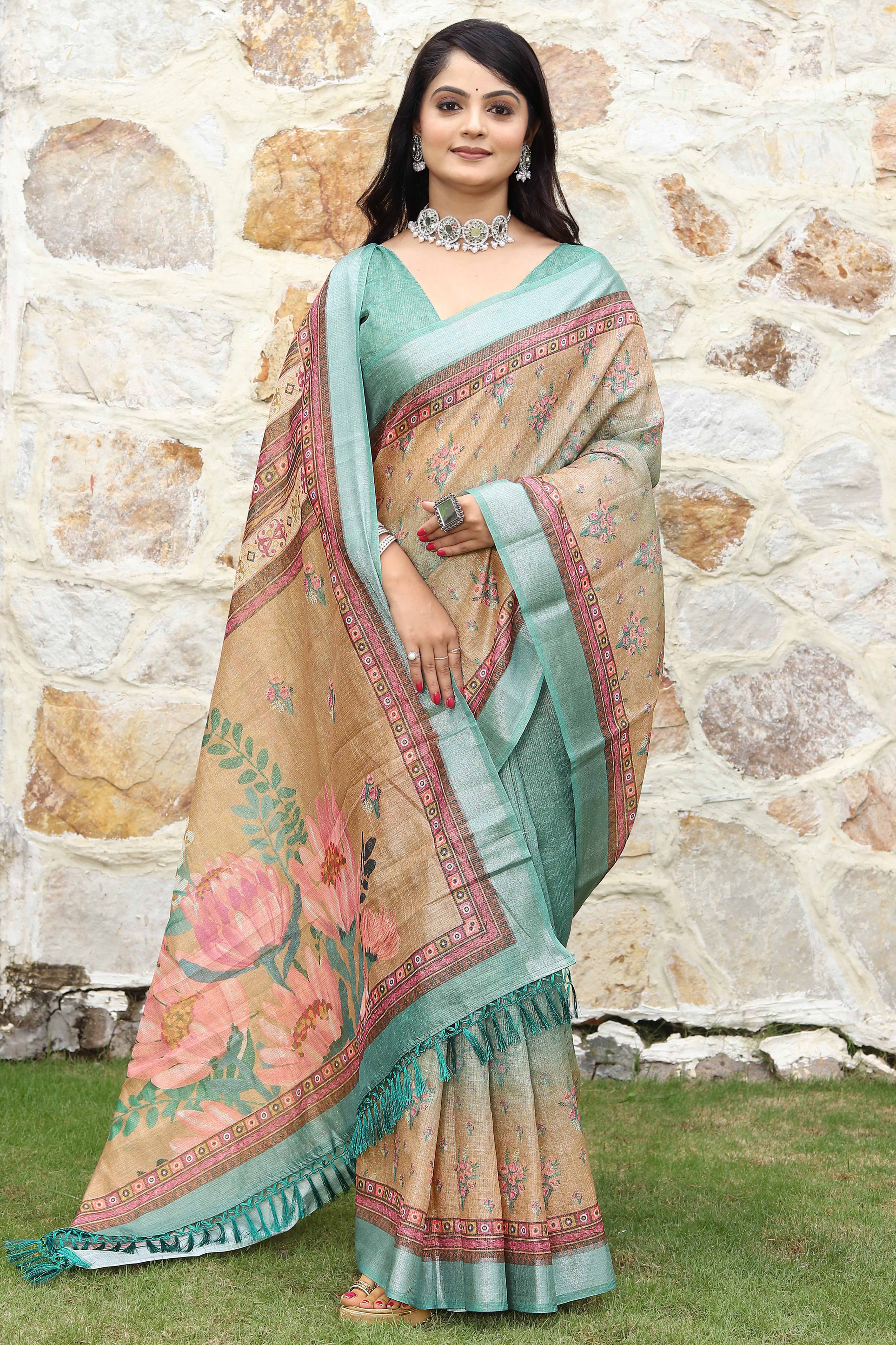 Beautiful Beige & Mint Green Tissue Handloom Saree with Detailed Digital Floral Embellishments