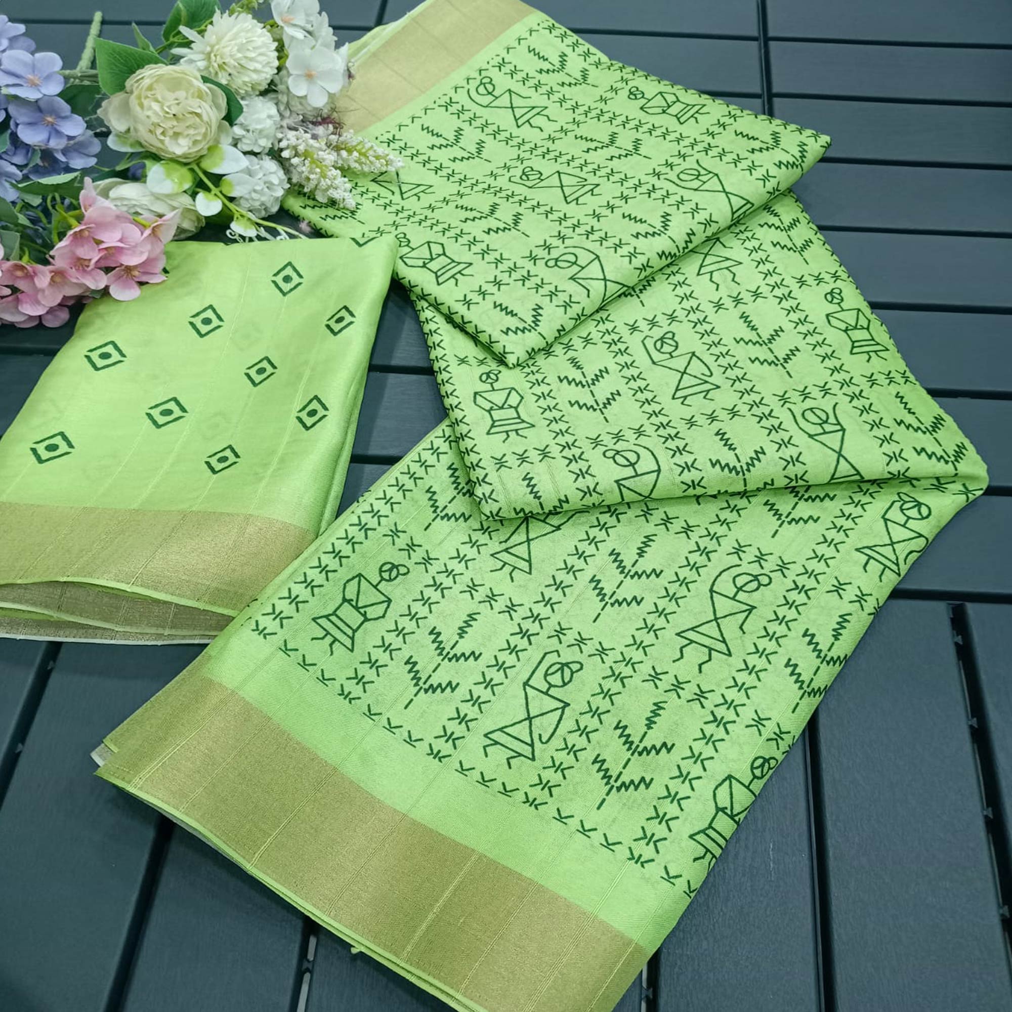 Green Digital Printed Dola Silk Saree With Jacquard Zari Border