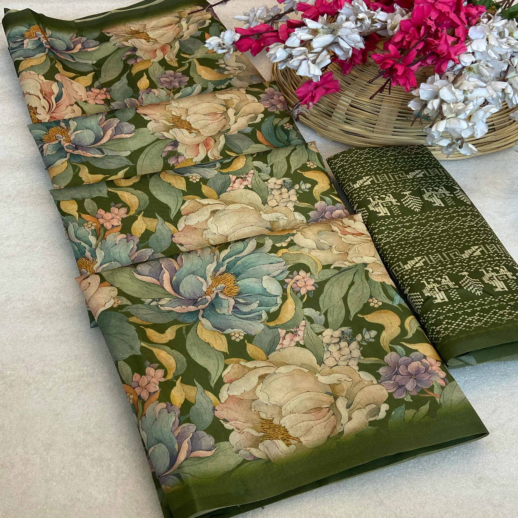 Green Floral Digital Printed Cotton Handloom Silk Saree