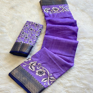 Purple Floral Printed Dola Silk Saree With Zari Border