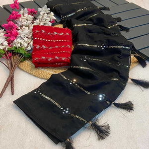 Black Sequins Embroidered Vichitra Silk Saree With Mirror Work