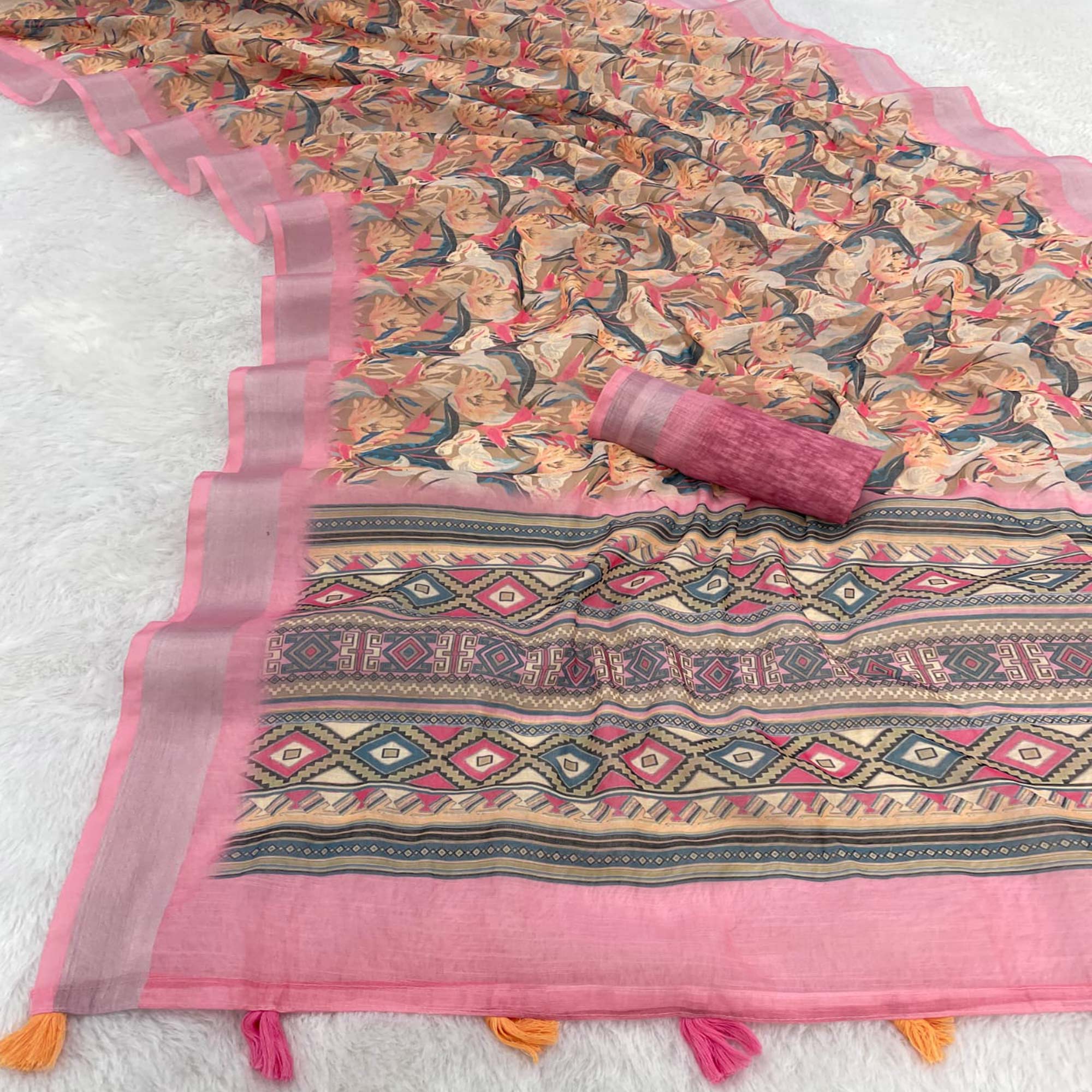 Pink Floral Printed Linen Cotton Saree With Delicate Tassel Detailing