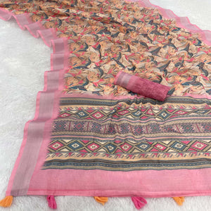 Pink Floral Printed Linen Cotton Saree With Delicate Tassel Detailing