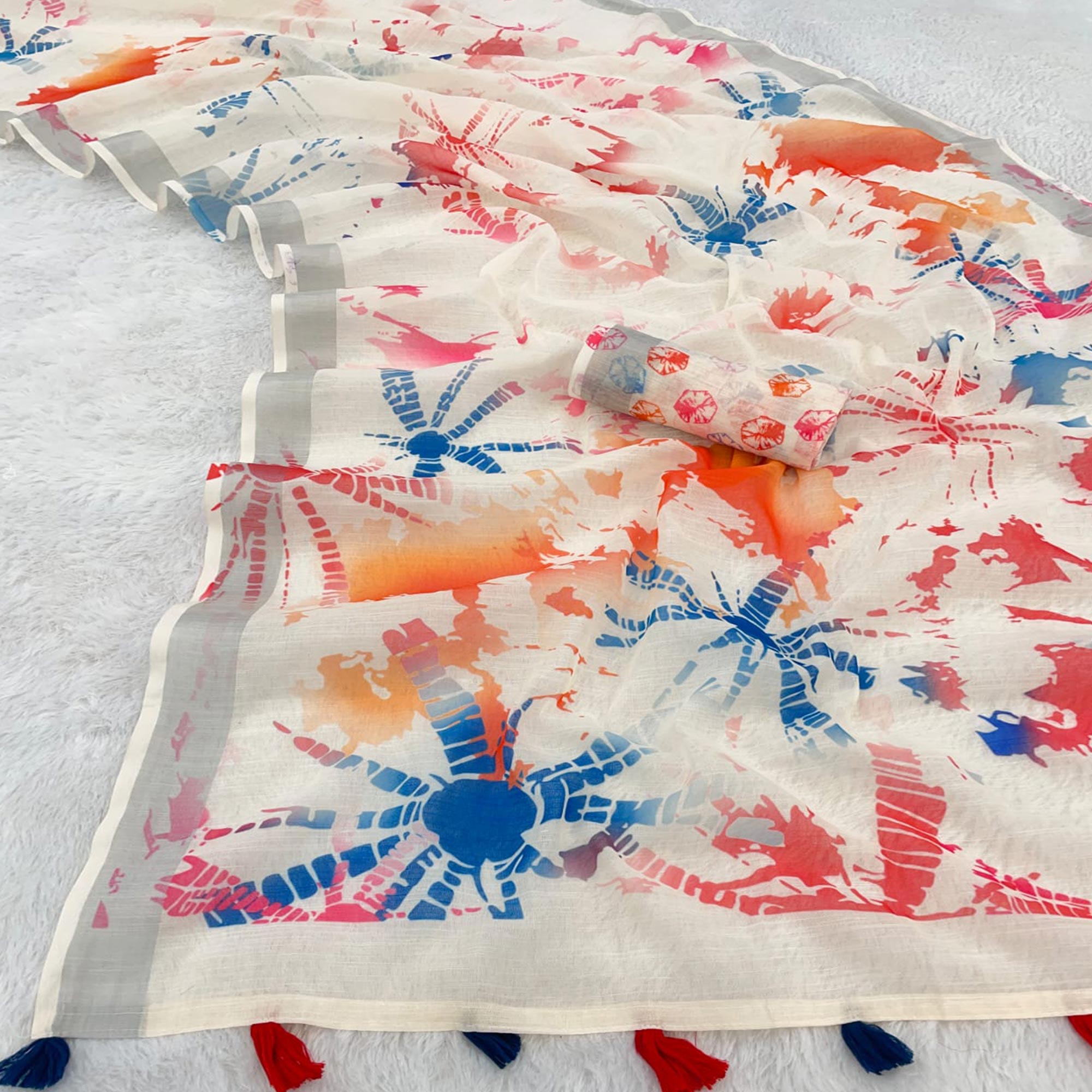 Cream Printed Linen Cotton Saree With Delicate Tassel Detailing