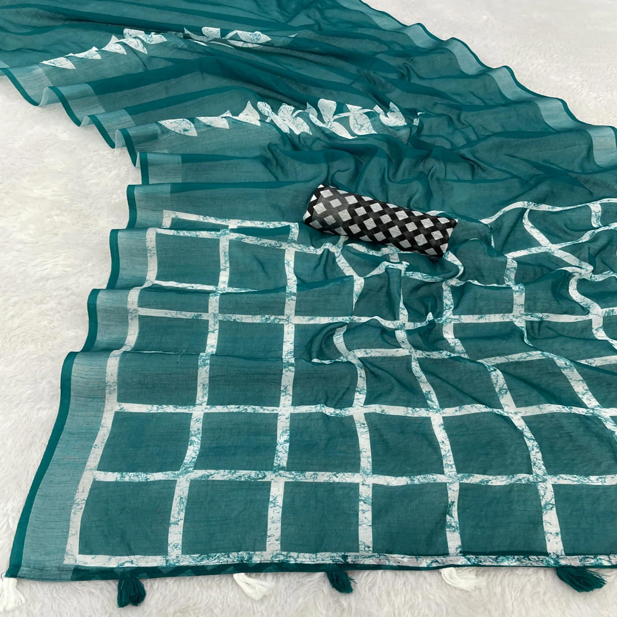 Teal Printed Linen Cotton Saree With Delicate Tassel Detailing