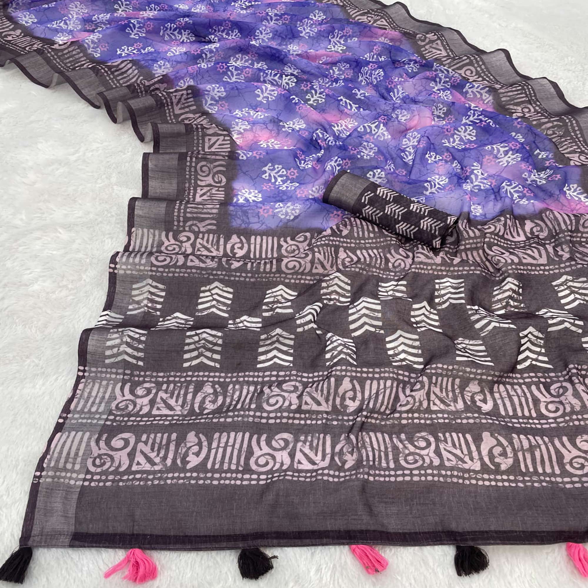 Purple Printed Linen Cotton Saree With Delicate Tassel Detailing