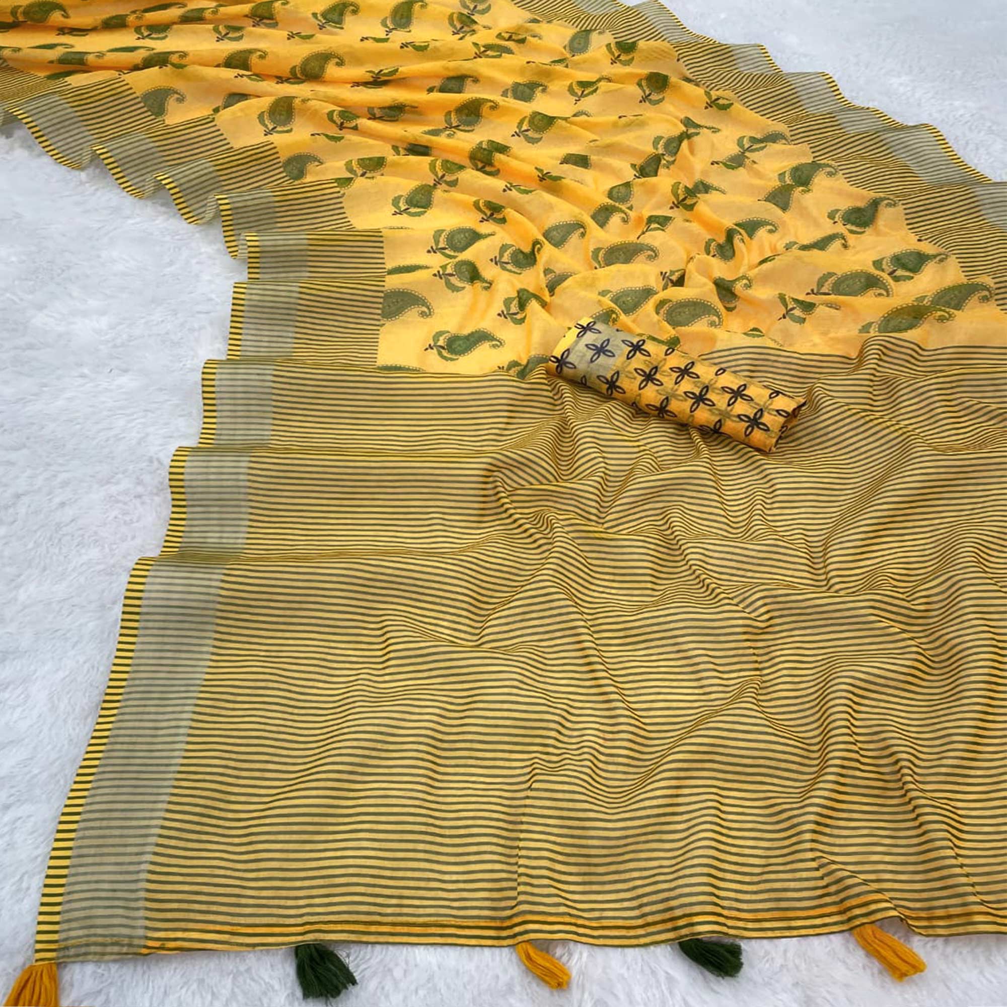 Yellow Printed Linen Cotton Saree With Delicate Tassel Detailing