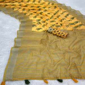 Yellow Printed Linen Cotton Saree With Delicate Tassel Detailing