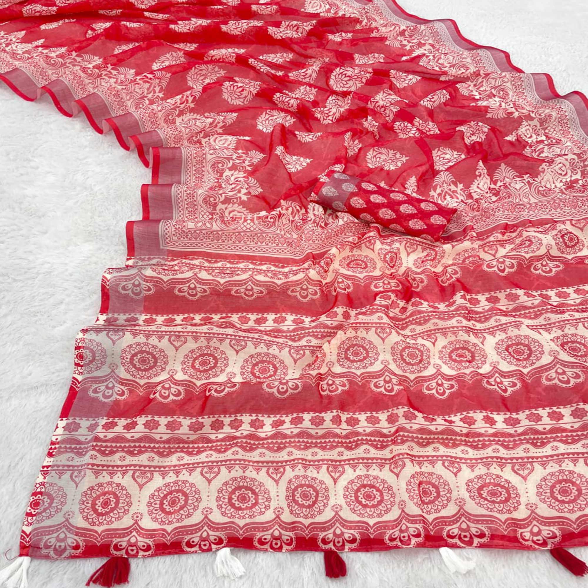 Red Floral Printed Linen Cotton Saree With Delicate Tassel Detailing