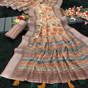 Light Taupe Floral Printed Linen Cotton Saree With Delicate Tassel Detailing