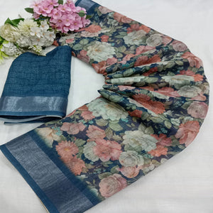 Blue Floral Digital Printed Linen Saree